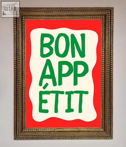 A bonappetit framed poster with bold green lettering on a cream wavy background set against a red field