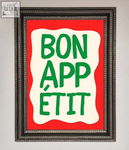 A bonappetit framed poster with bold green lettering on a cream wavy background against a red field