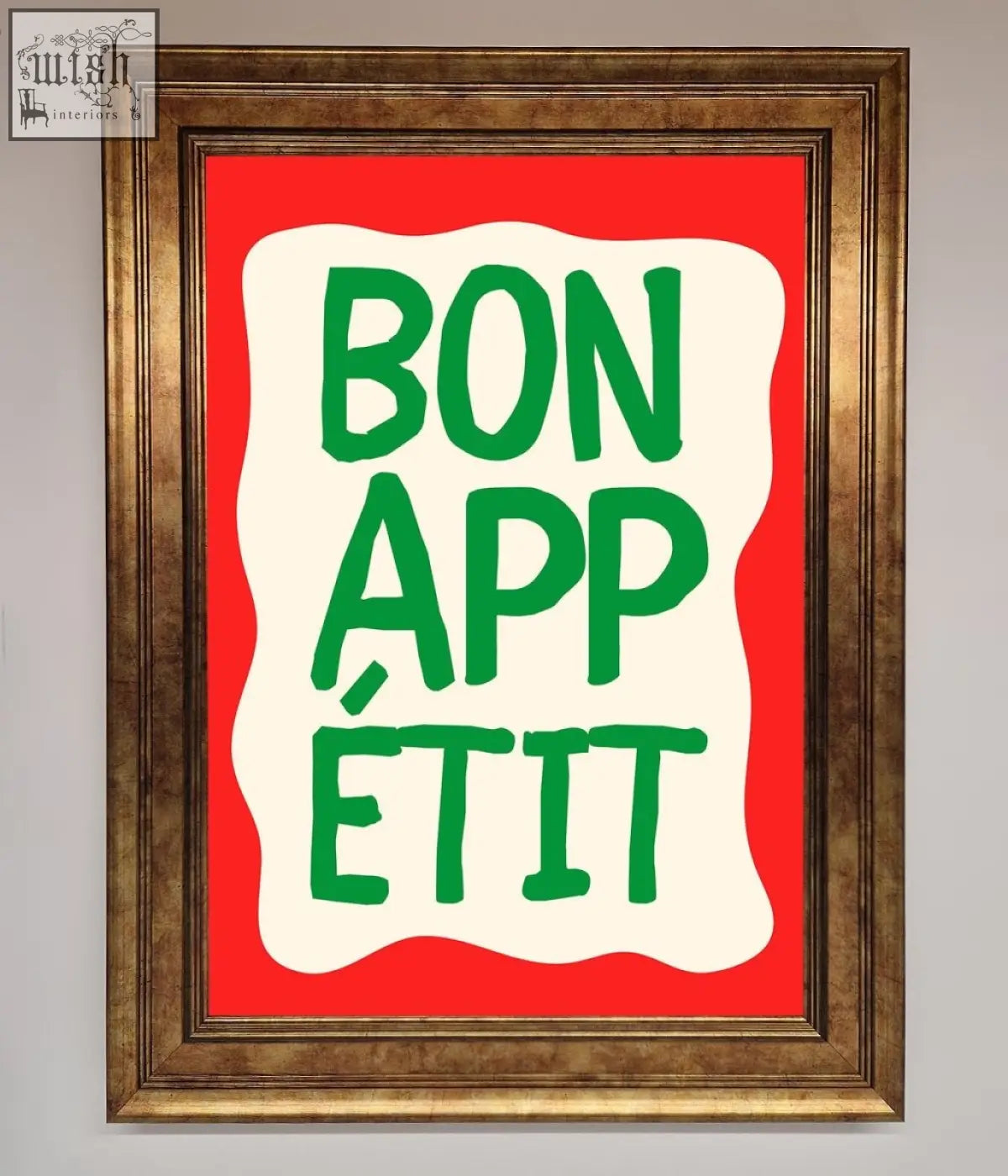 A bonappetit framed poster with bold green lettering on a white wavy background and vibrant red frame