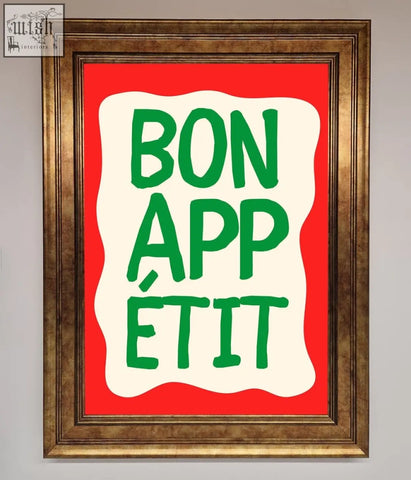 A bonappetit framed poster with bold green lettering on a white wavy background and vibrant red frame