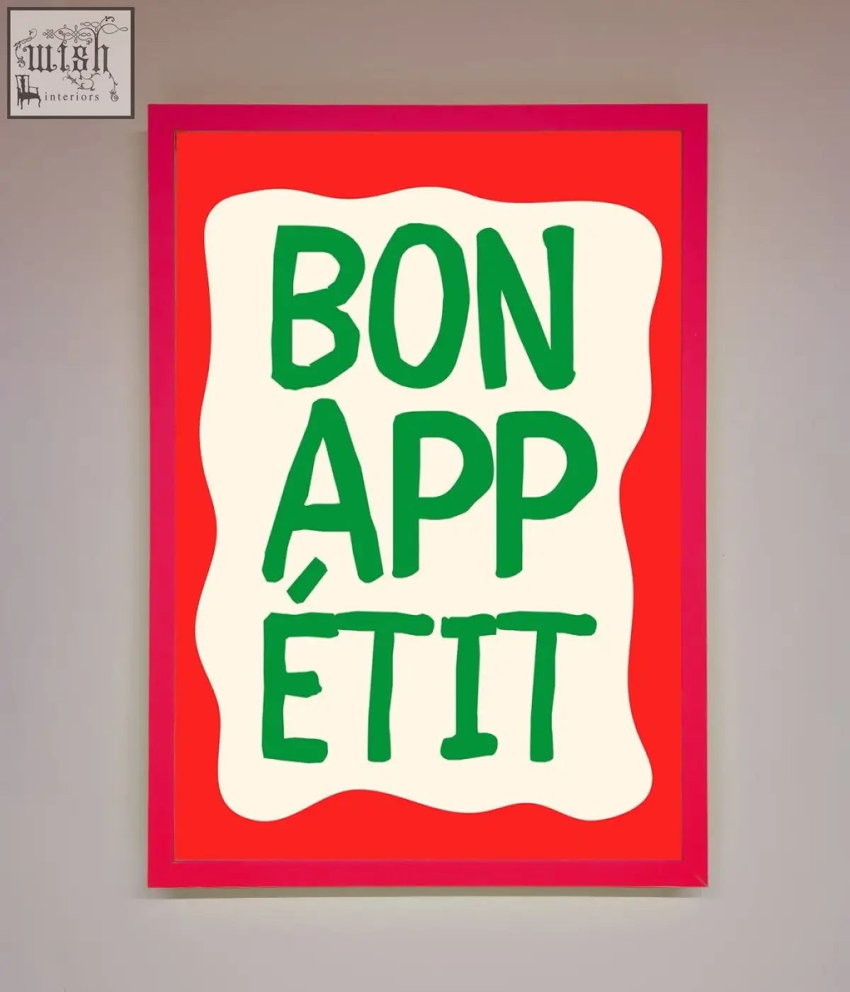 A vibrant red-framed bonappetit framed poster with bold green lettering on a creamy white wavy background