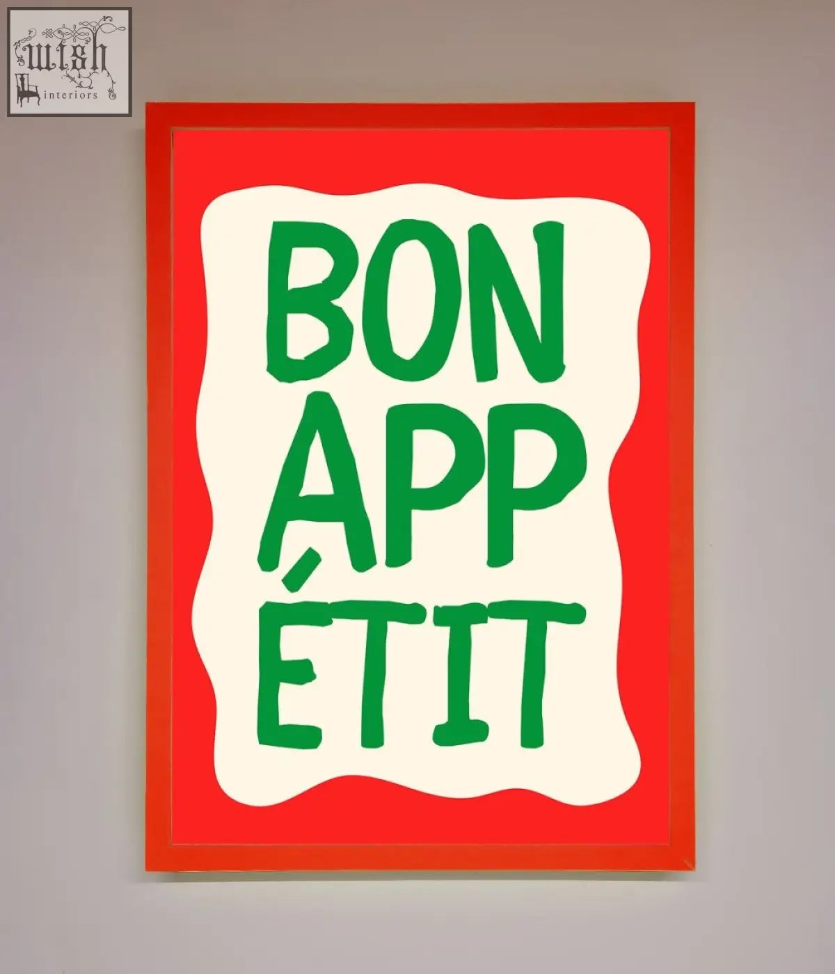 A vibrant red-framed bonappetit framed poster with bold green lettering on a creamy white wavy background