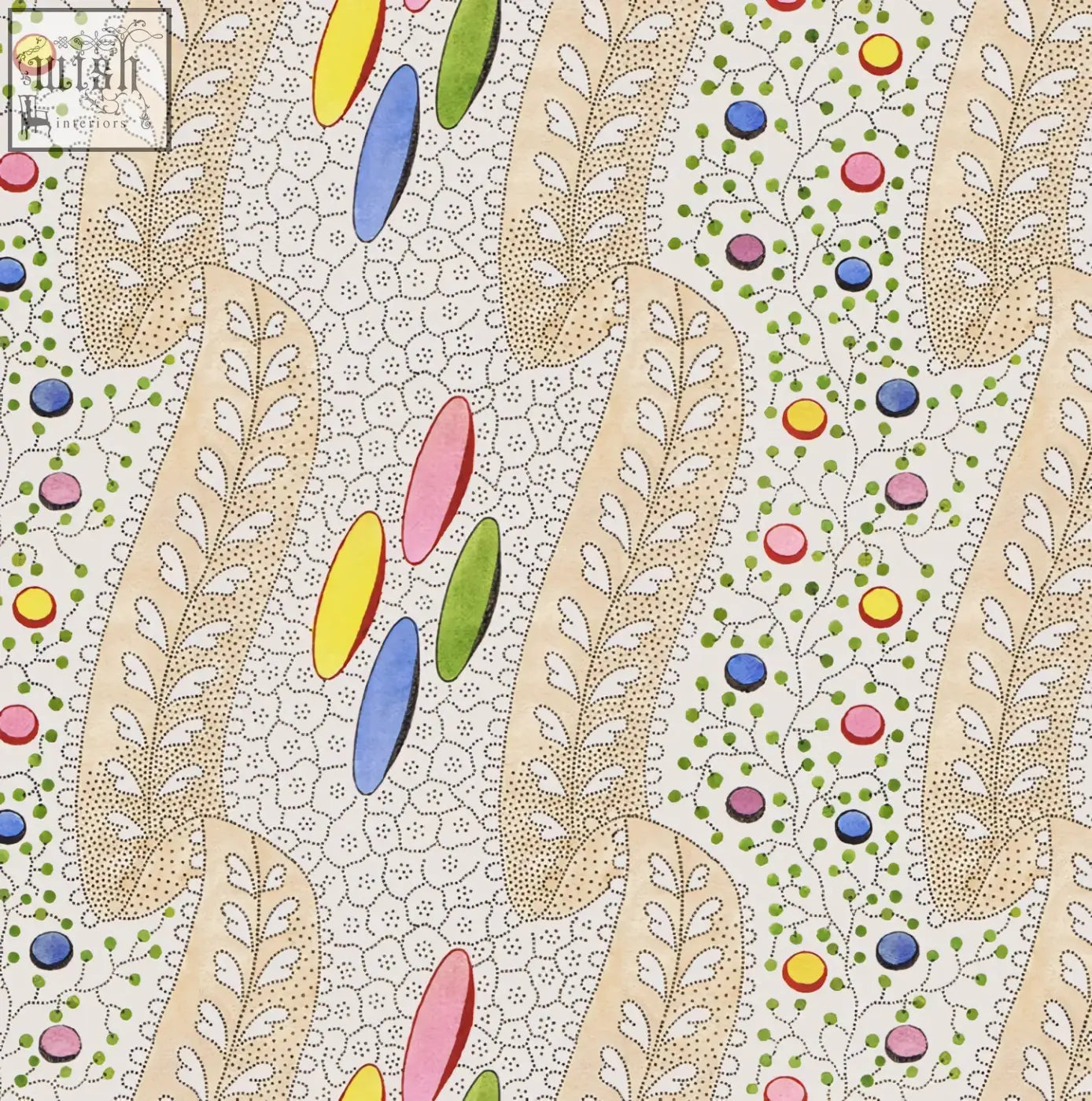 Beige bonbon in candy wallpaper with colorful oval shapes and stylized leaves featuring digital printing textile design