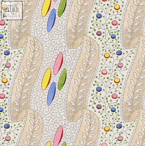 Beige bonbon in candy wallpaper with colorful oval shapes and stylized leaves featuring digital printing textile design