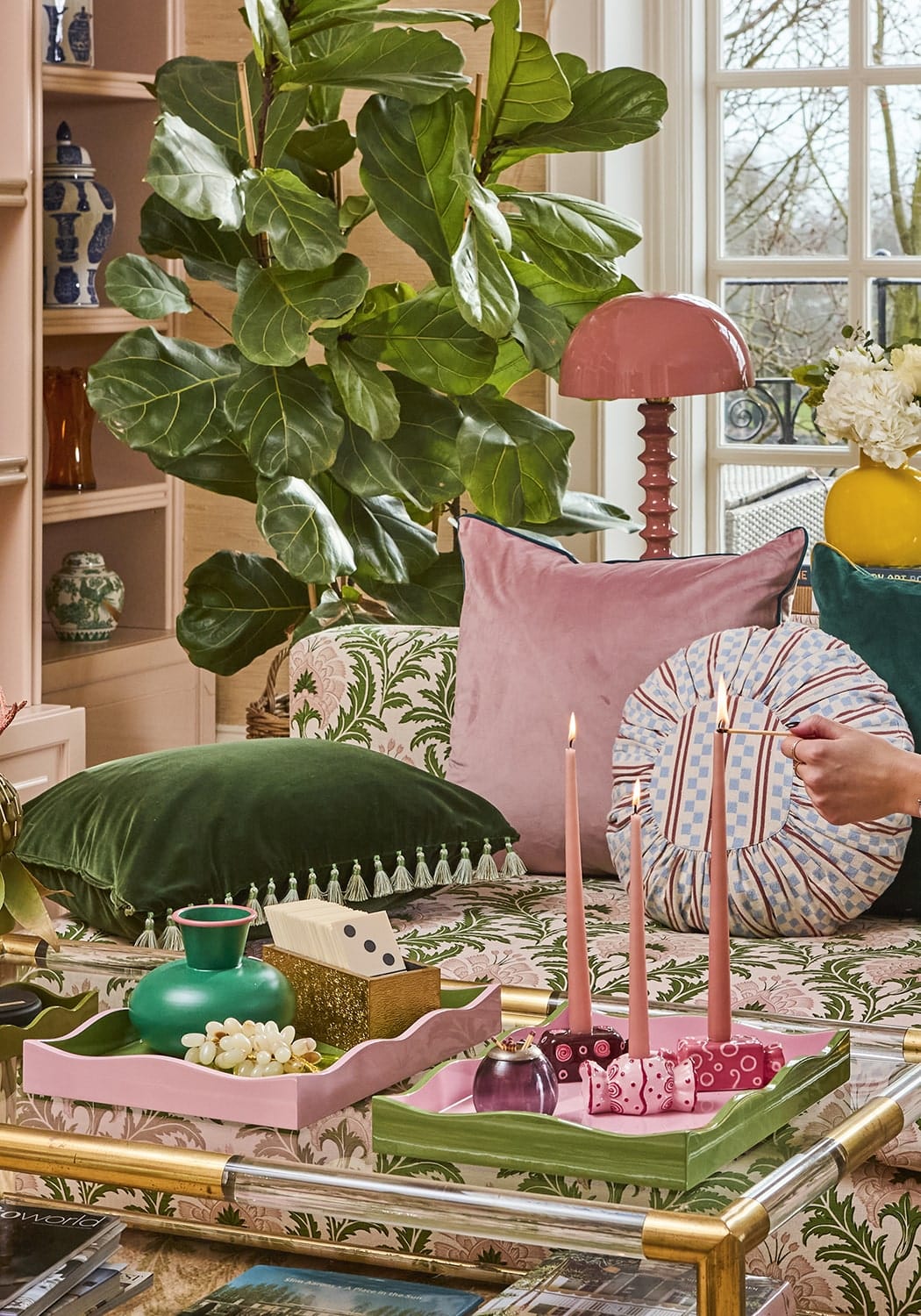 Pink and green ceramic bonbon tea light holder trays with scalloped edges holding candles and vases set of 3
