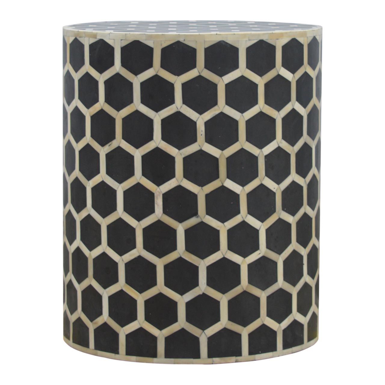 Black and cream honeycomb patterned bone inlay occasional stool perfect as a stylish side table