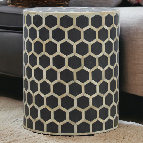 Black and cream honeycomb patterned bone inlay occasional stool perfect as a side table or accent piece