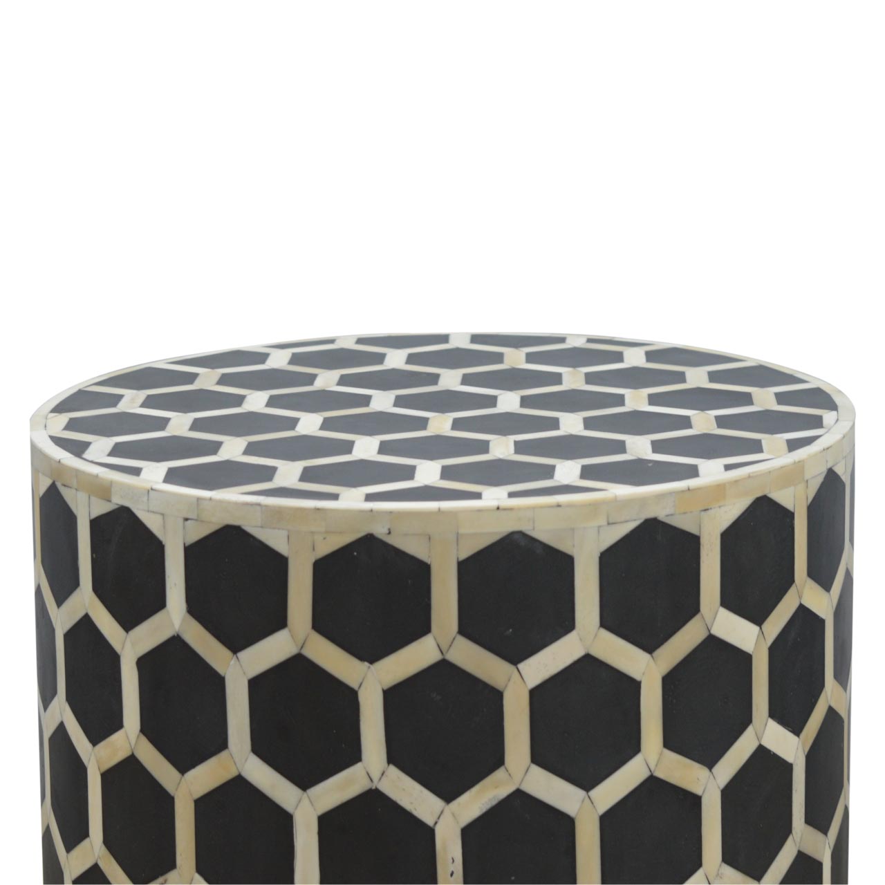 Black and cream honeycomb patterned bone inlay occasional stool perfect as a side table or extra seating