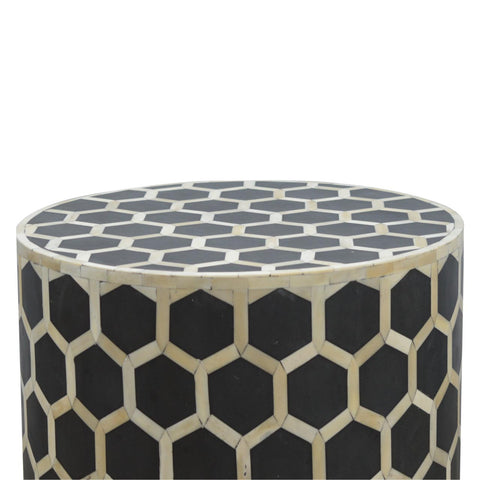 Black and cream honeycomb patterned bone inlay occasional stool perfect as a side table or extra seating