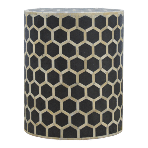 Black and cream honeycomb bone inlay occasional stool with cylindrical shape perfect as a side table or stool