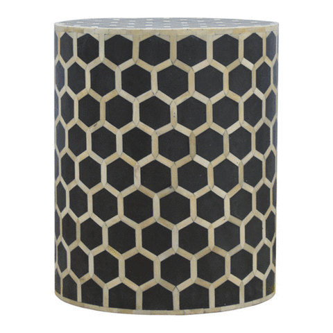 Black and cream honeycomb bone inlay occasional stool with cylindrical shape perfect as a side table or stool
