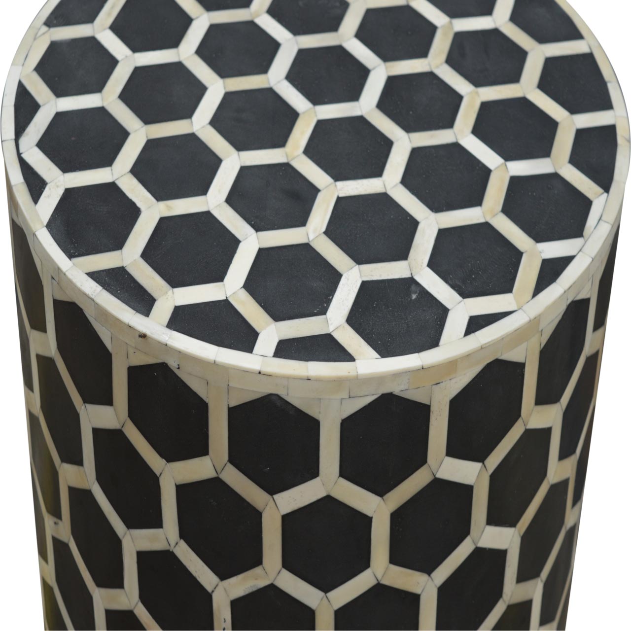 Black and white hexagonal bone inlay occasional stool with mosaic pattern perfect as a side table or accent piece