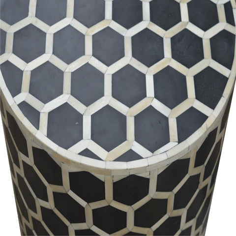 Bone inlay occasional stool with black and white hexagonal mosaic pattern and cylindrical side table shape