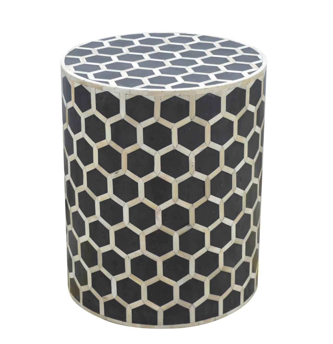 Black and white honeycomb patterned bone inlay occasional stool perfect as a chic side table for any room