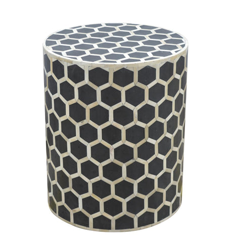 Black and white honeycomb patterned bone inlay occasional stool perfect as a chic side table for any room