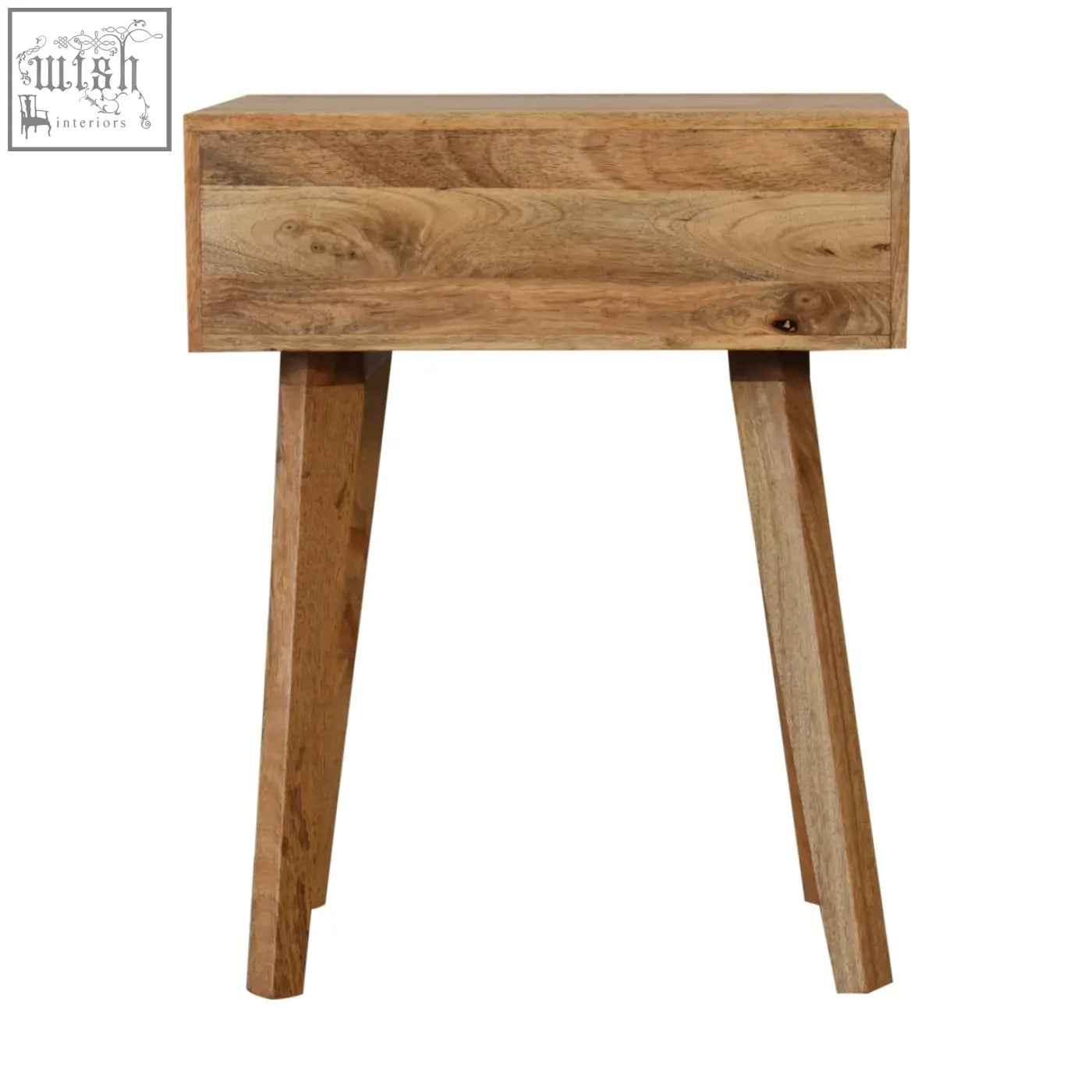 Minimalist solid mango wood side table with bone inlay drawer and tapered legs in light brown natural grain finish