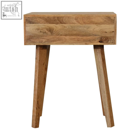 Minimalist solid mango wood side table with bone inlay drawer and tapered legs in light brown natural grain finish