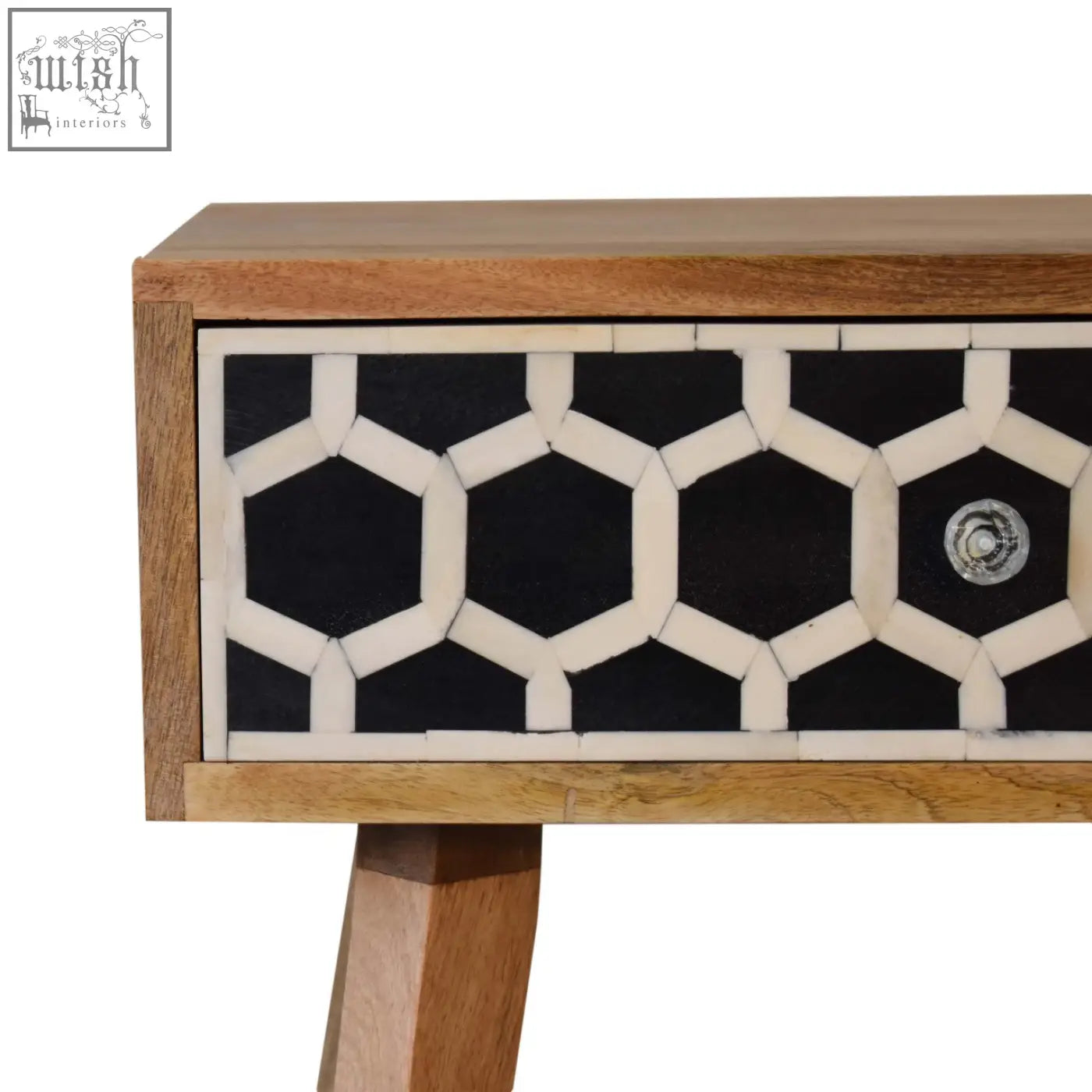 Black and white bone inlay drawer front on a solid mango wood tapered bedside table with oak-ish finish