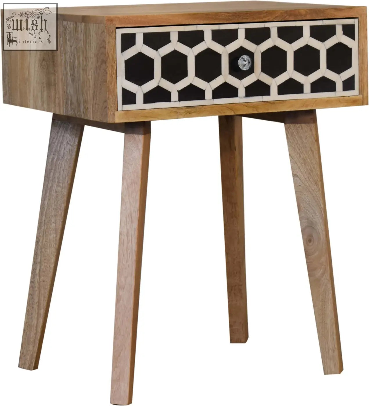 A modern tapered bedside table in solid mango wood with bone inlay geometric drawer pattern in black and white