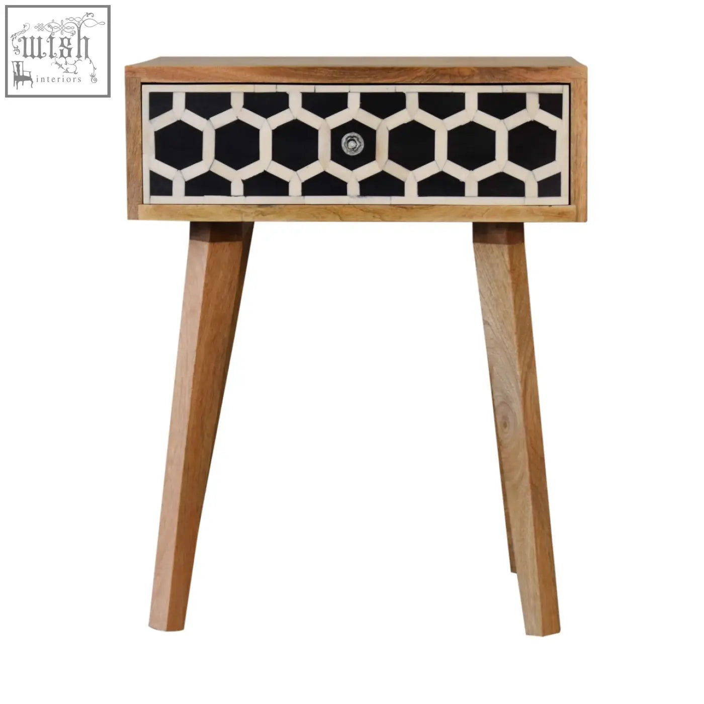 A modern tapered bedside table with bone inlay honeycomb drawer made of solid mango wood oak-ish finish