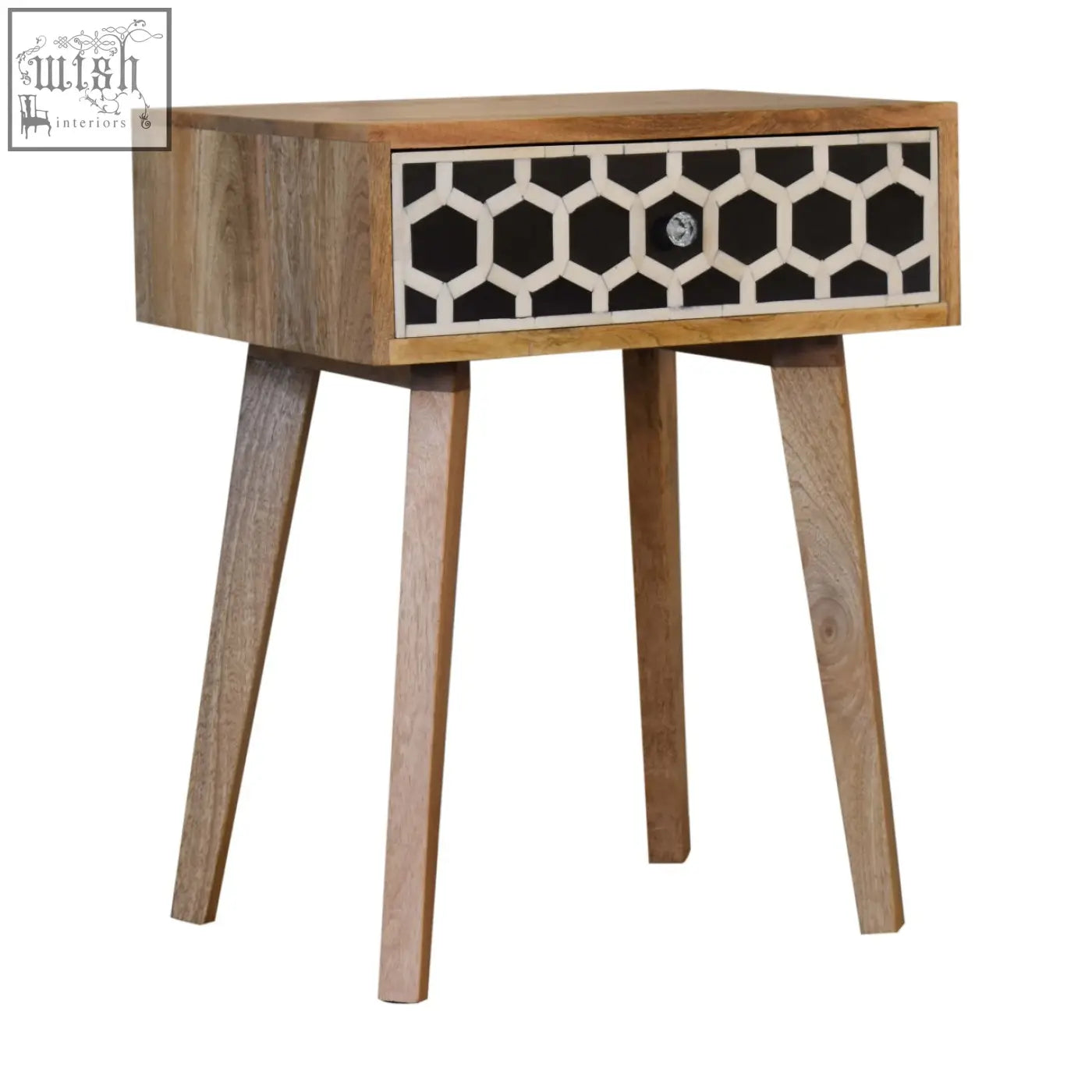 A rustic tapered bedside table with bone inlay drawer made of solid mango wood in oak ish finish