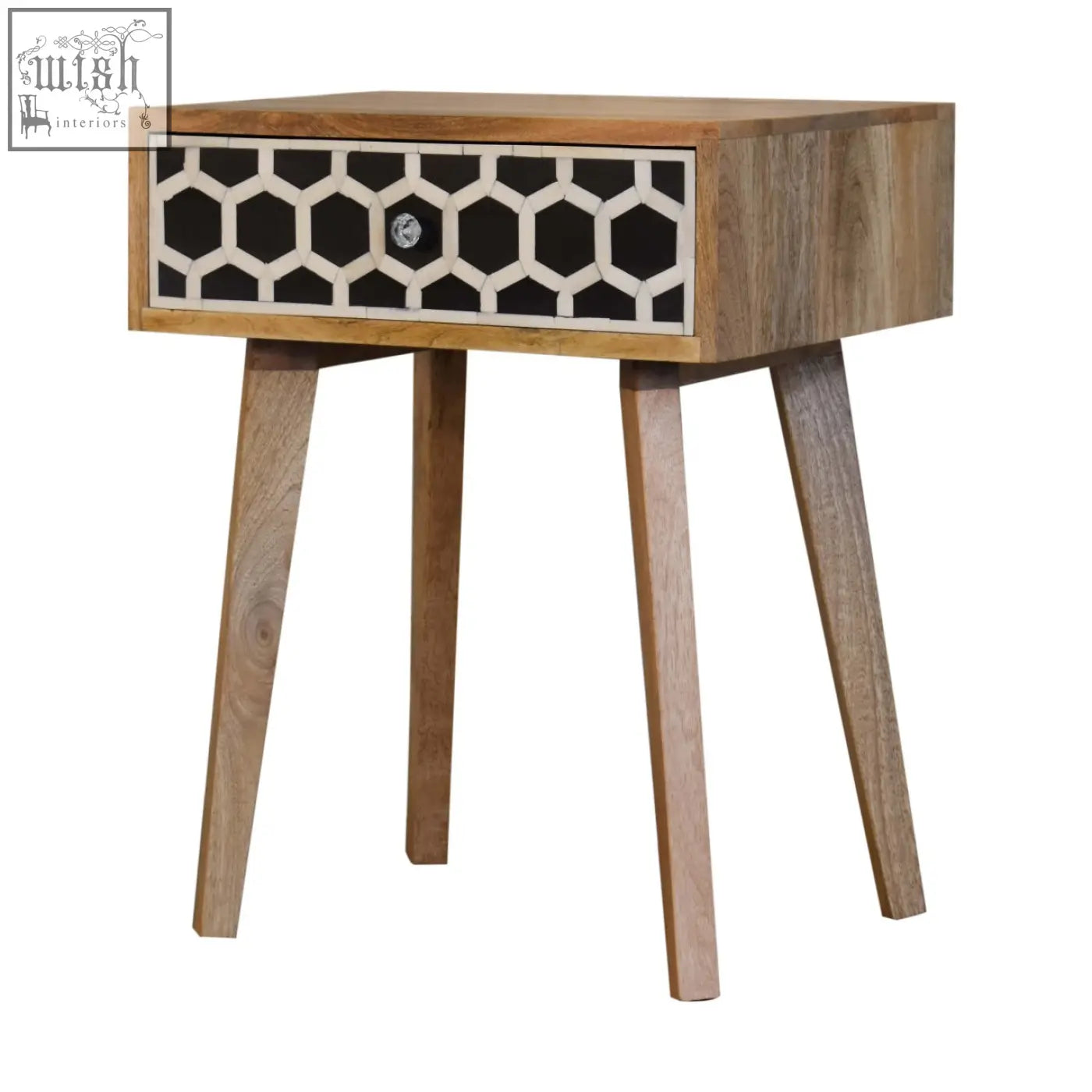 A rustic tapered bedside table with bone inlay drawer pattern made of solid mango wood in oak-ish finish