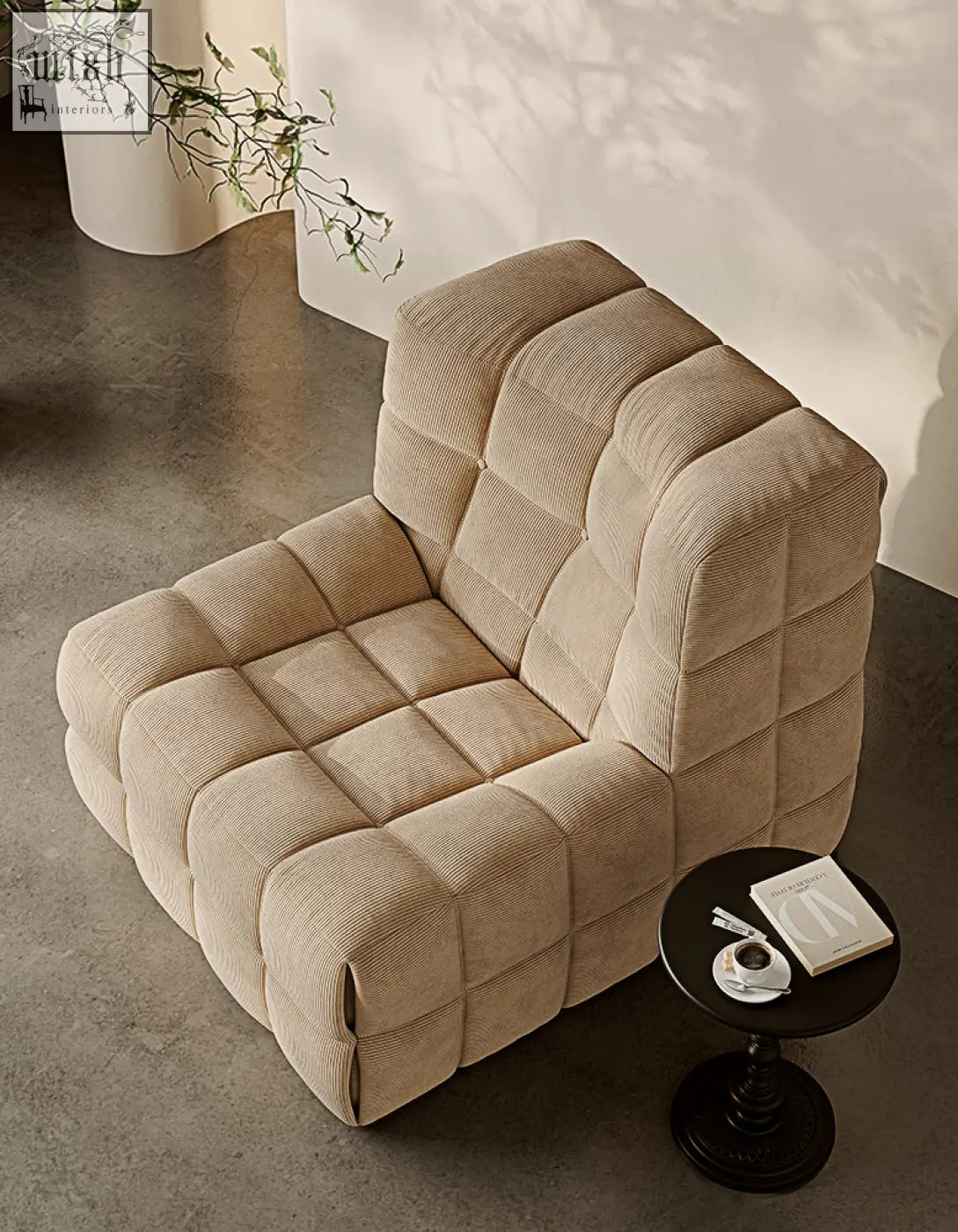 Beige corduroy bongani lounge chair with quilted blocky design perfect for living room lounge armchairs