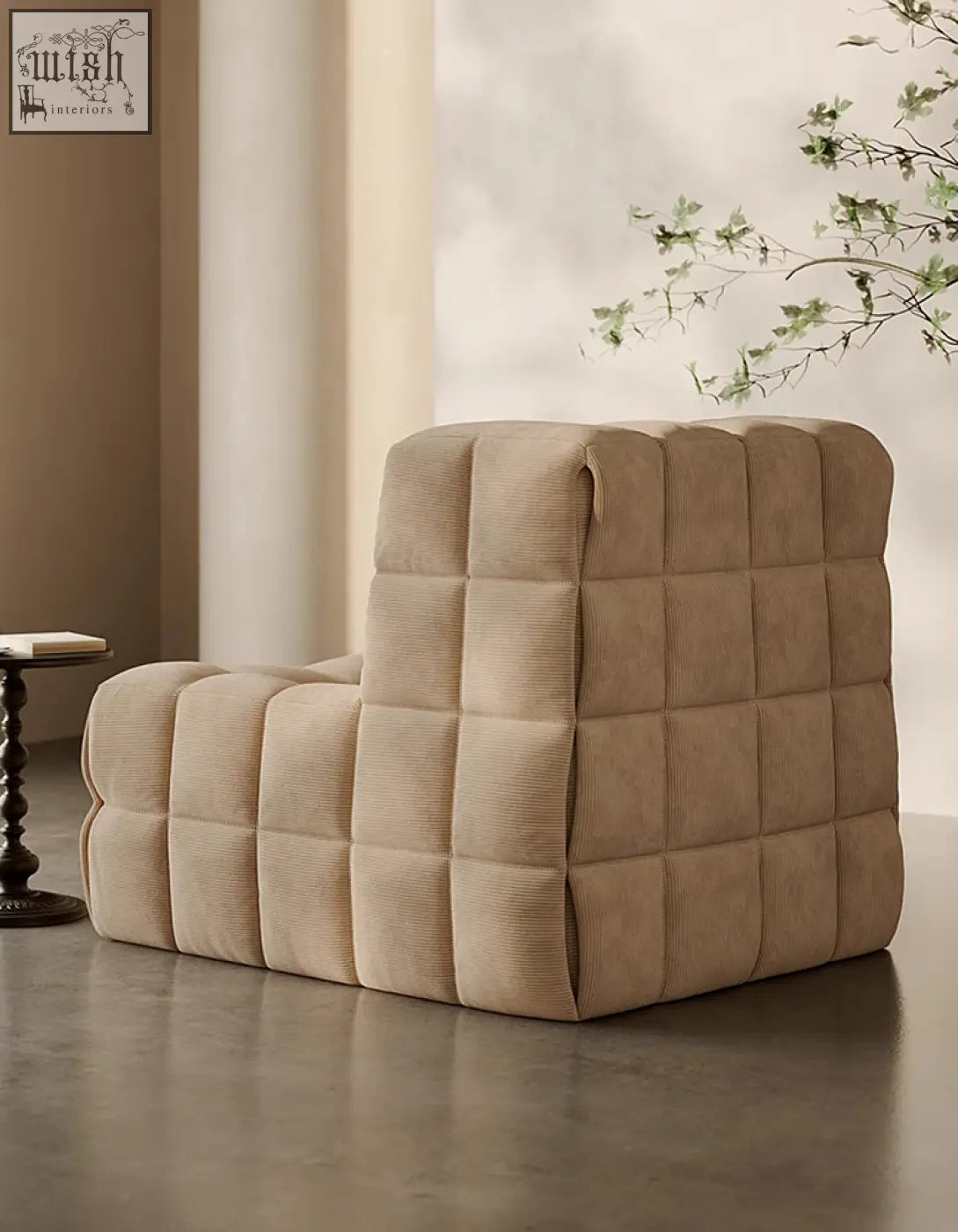 Beige corduroy bongani lounge chair with quilted cube pattern perfect for living room lounge armchairs