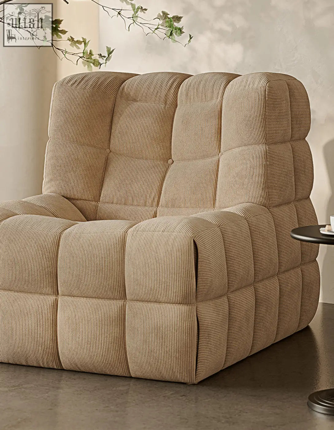 Beige corduroy bongani lounge chair with quilted segmented design perfect for stylish living room lounge armchairs