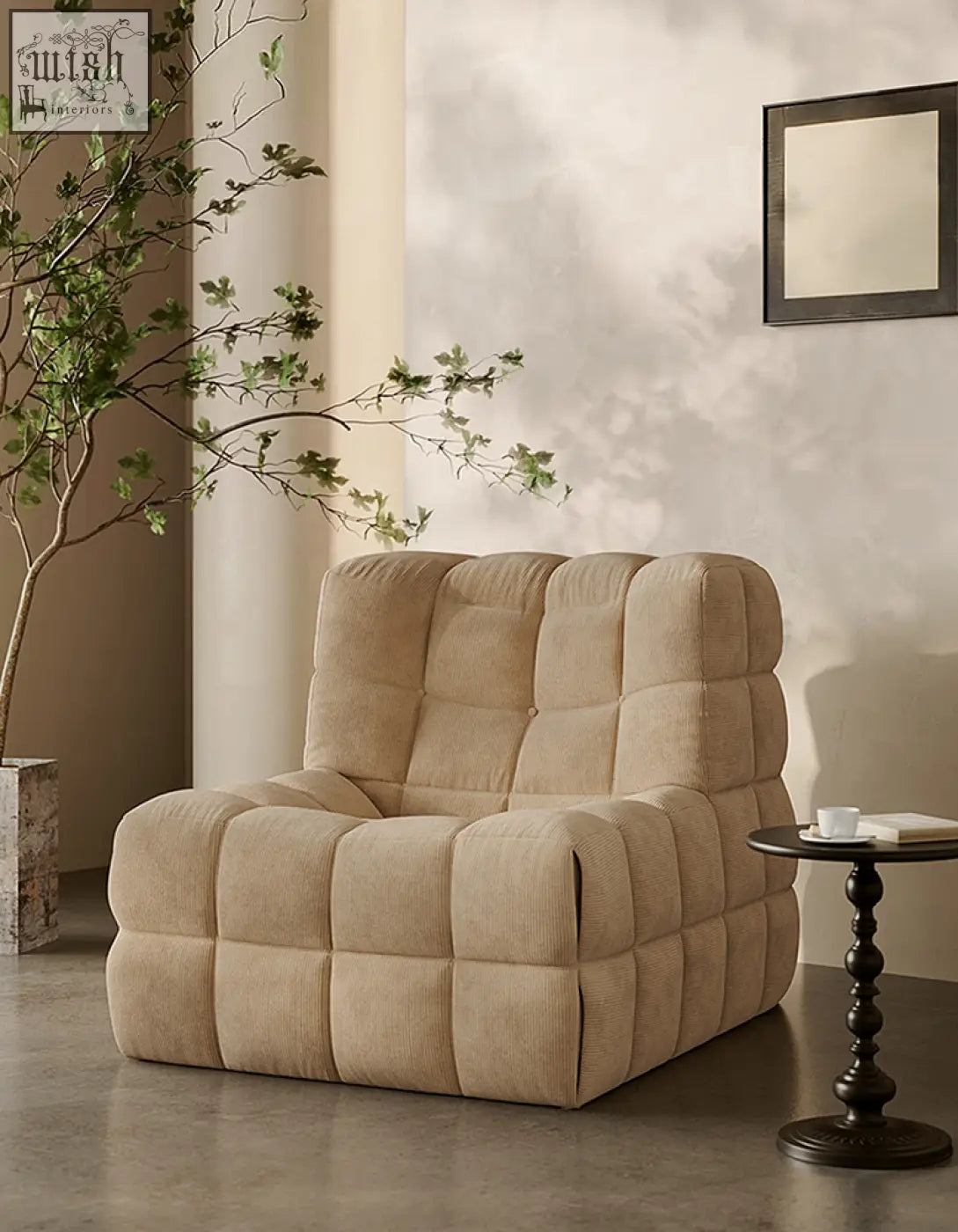 Beige corduroy bongani lounge chair with quilted segmented design perfect for living room lounge armchairs