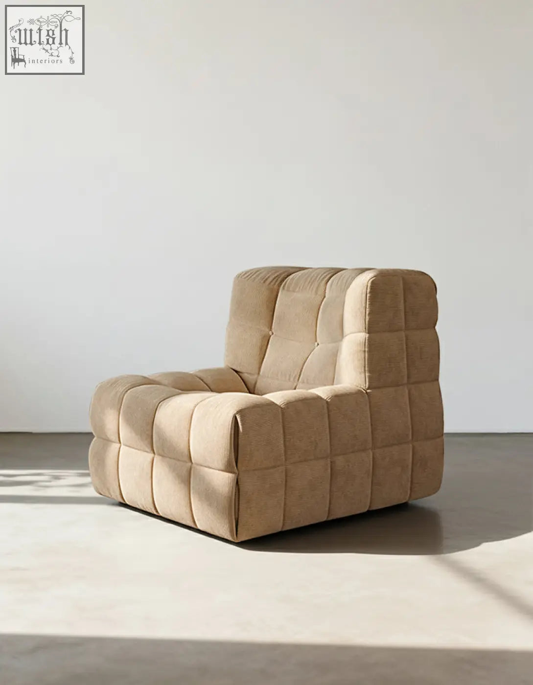 Beige tufted bongani lounge chair with quilted cube design and soft corduroy fabric perfect for living room lounge chairs