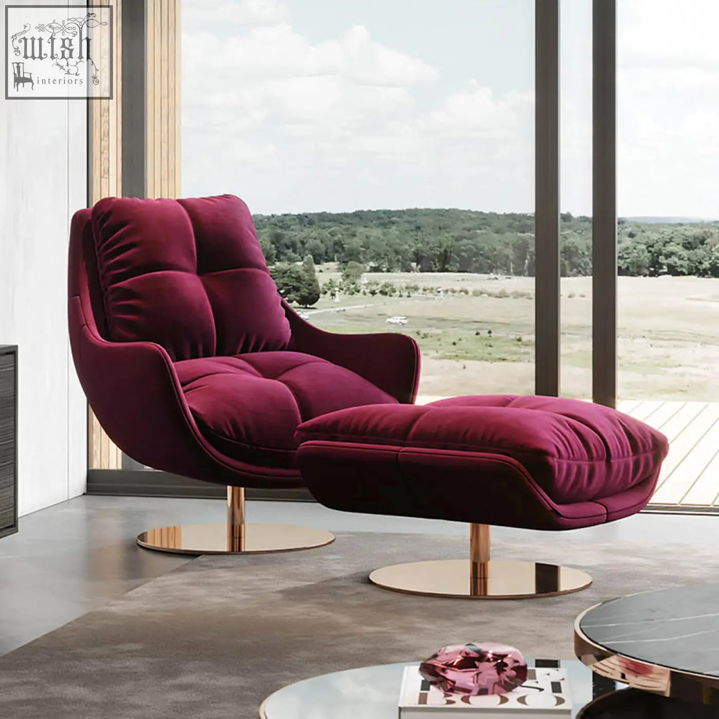 Deep burgundy velvet bonnet swivel lounge chair with matching ottoman on gold-toned swivel bases for relaxing