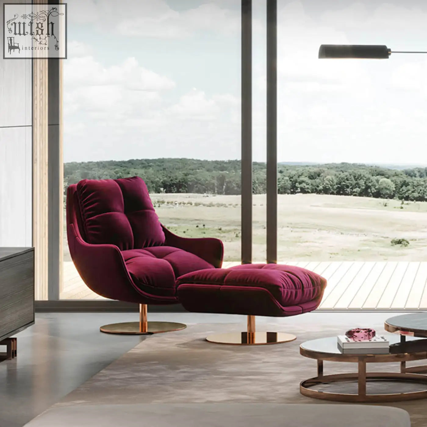 Deep burgundy velvet bonnet swivel lounge chair with ottoman featuring sleek gold tone swivel bases for comfort