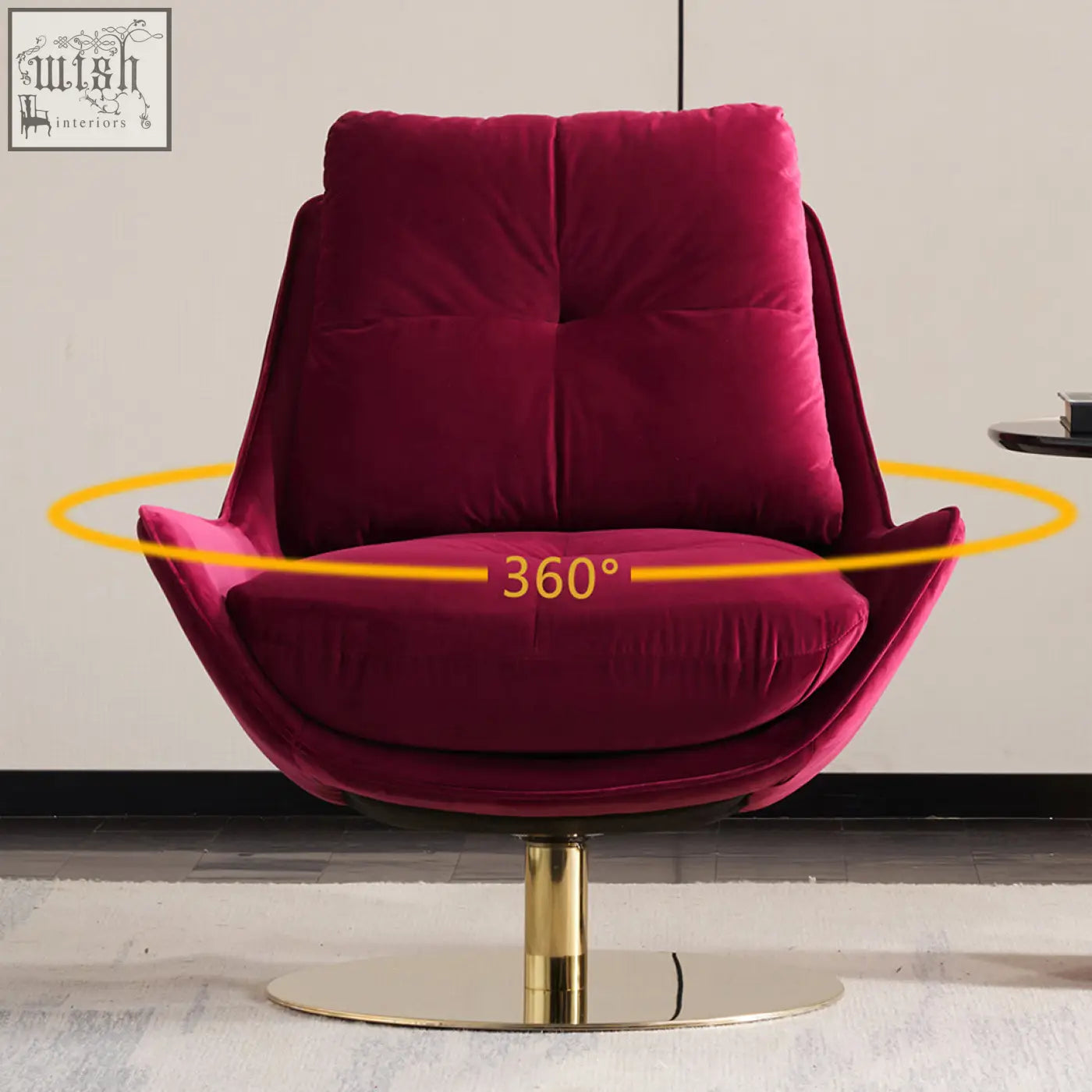 A deep magenta velvet bonnet swivel lounge chair with tufted back and gold pedestal base perfect for relaxing