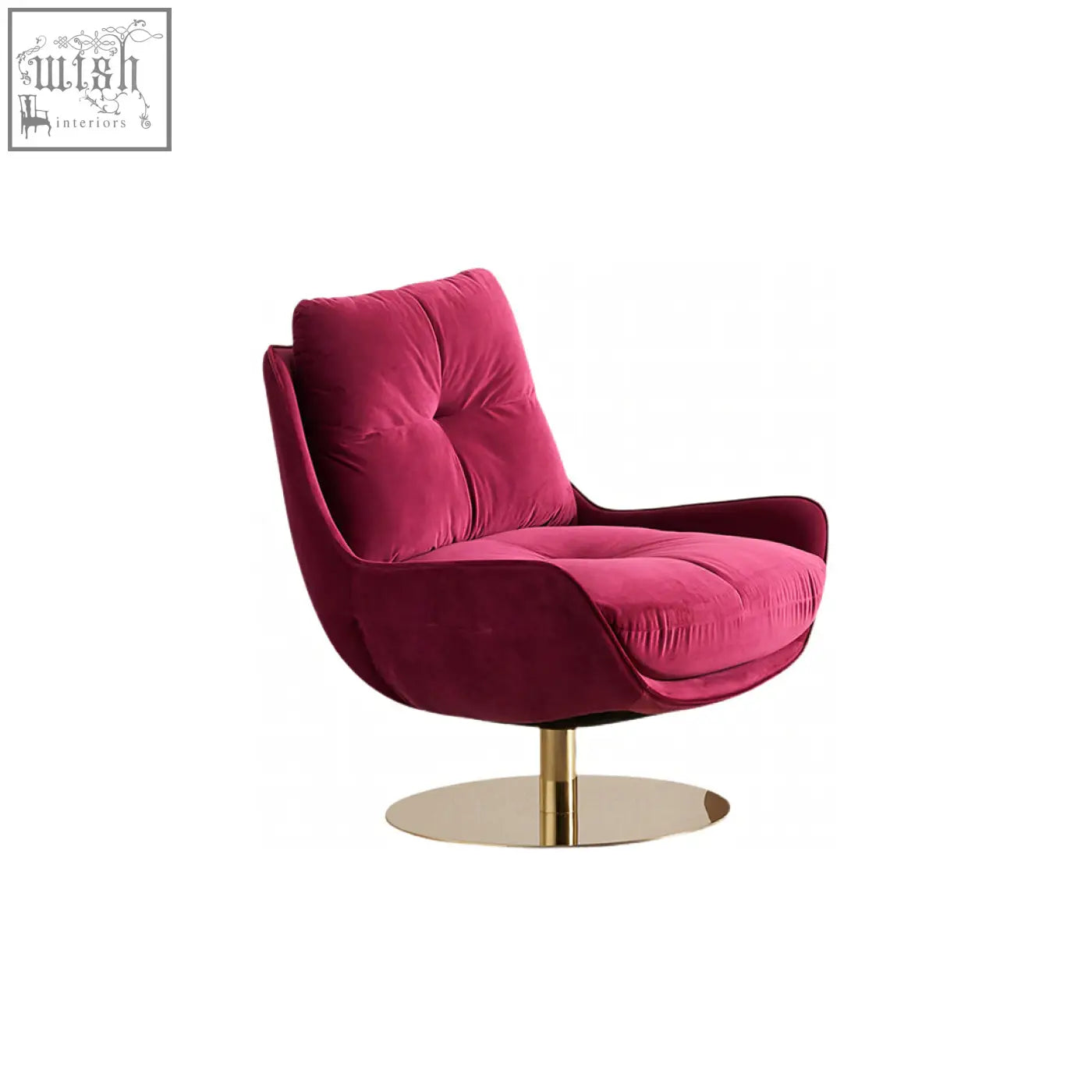 A plush fuchsia velvet bonnet swivel lounge chair with a sleek gold tone base perfect for cozy seating