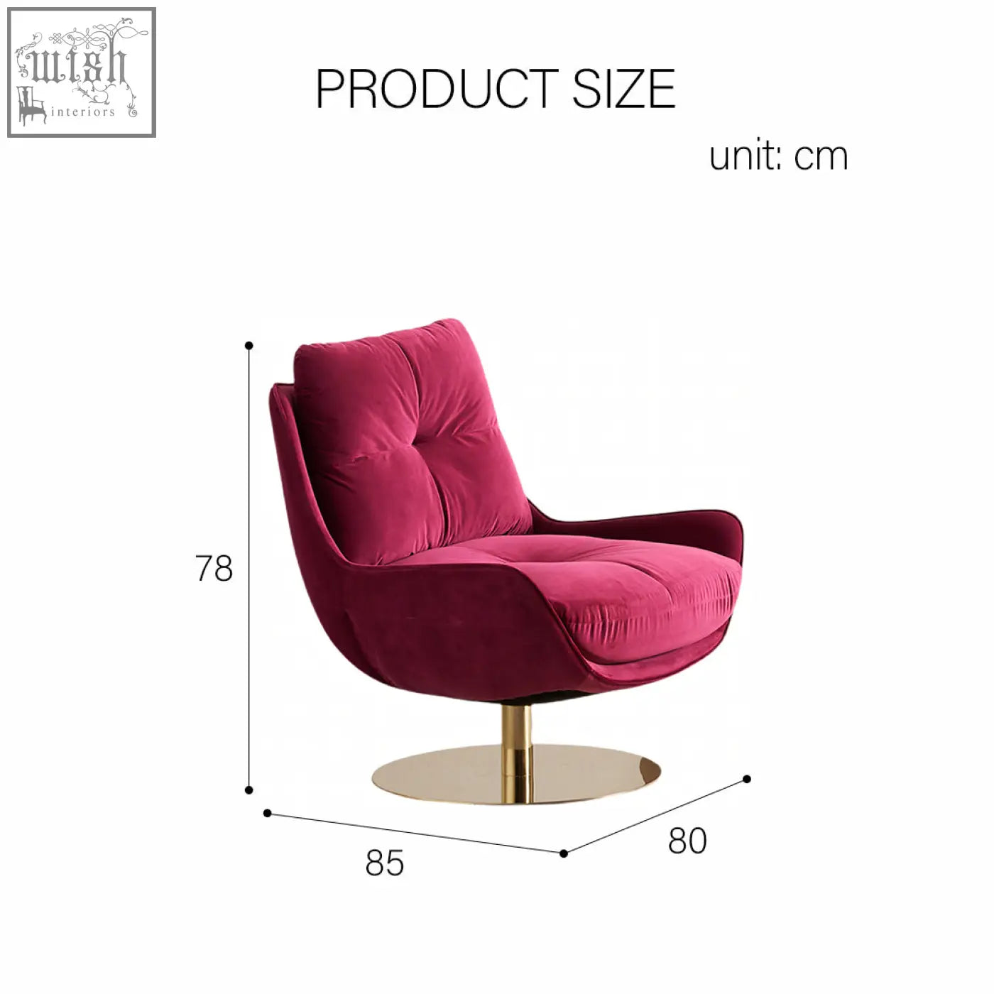 A magenta velvet bonnet swivel lounge chair with tufted back and gold-toned swivel base perfect for relaxing
