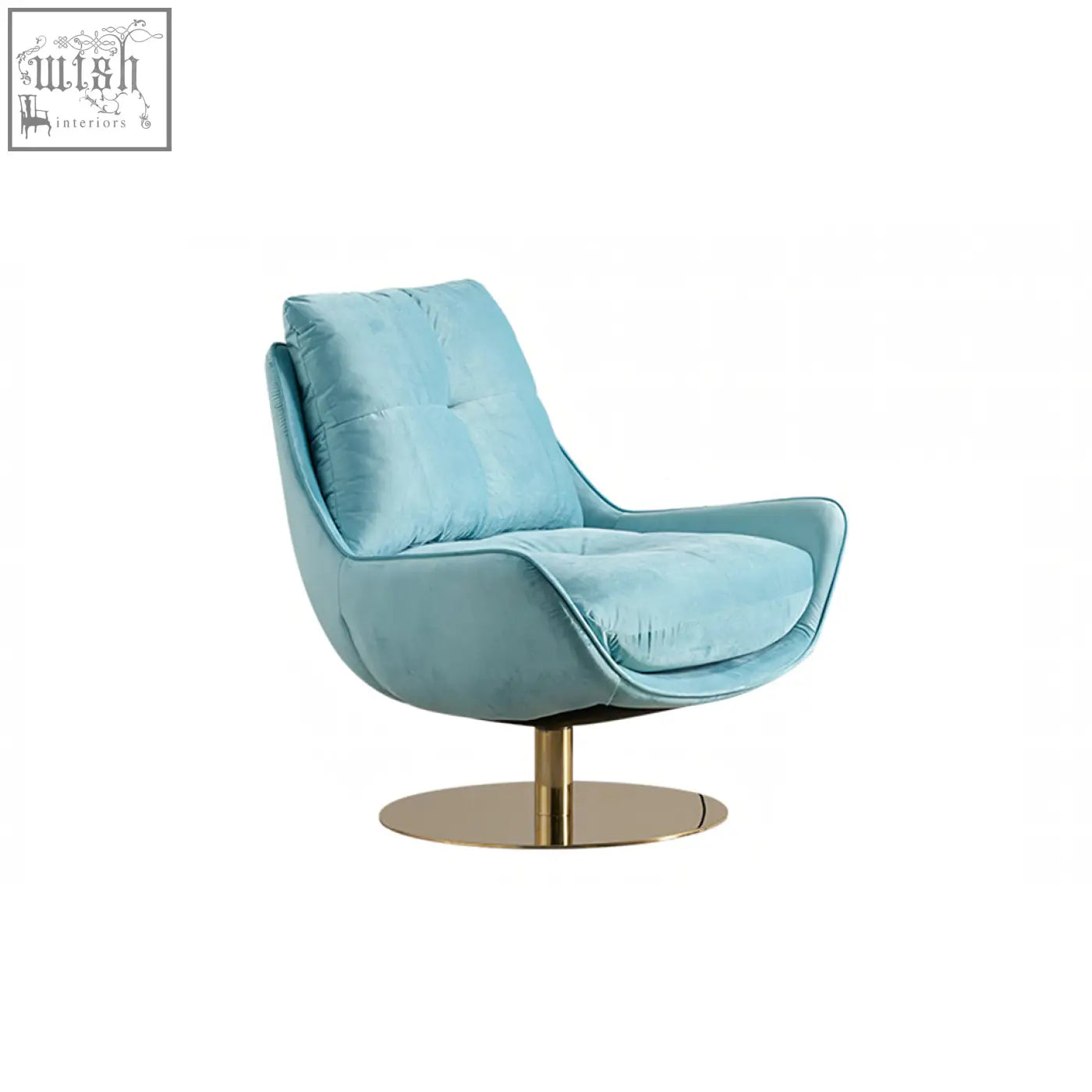 A sleek light blue velvet bonnet swivel lounge chair with modern design and gold-toned base for comfy seating