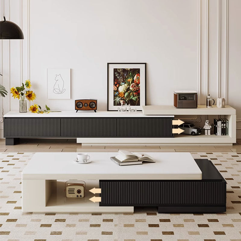Modern two-tone bonnie coffee table in black and white with ribbed panels and hidden storage compartments