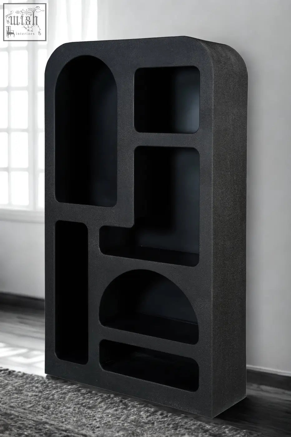 Black concrete otis tall geometric bookcase with textured surface and matte black finish for stylish storage