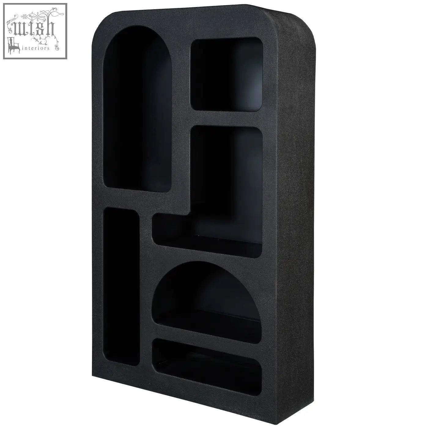 Black matte finish otis tall geometric bookcase with asymmetrical cutouts and large shelving unit design