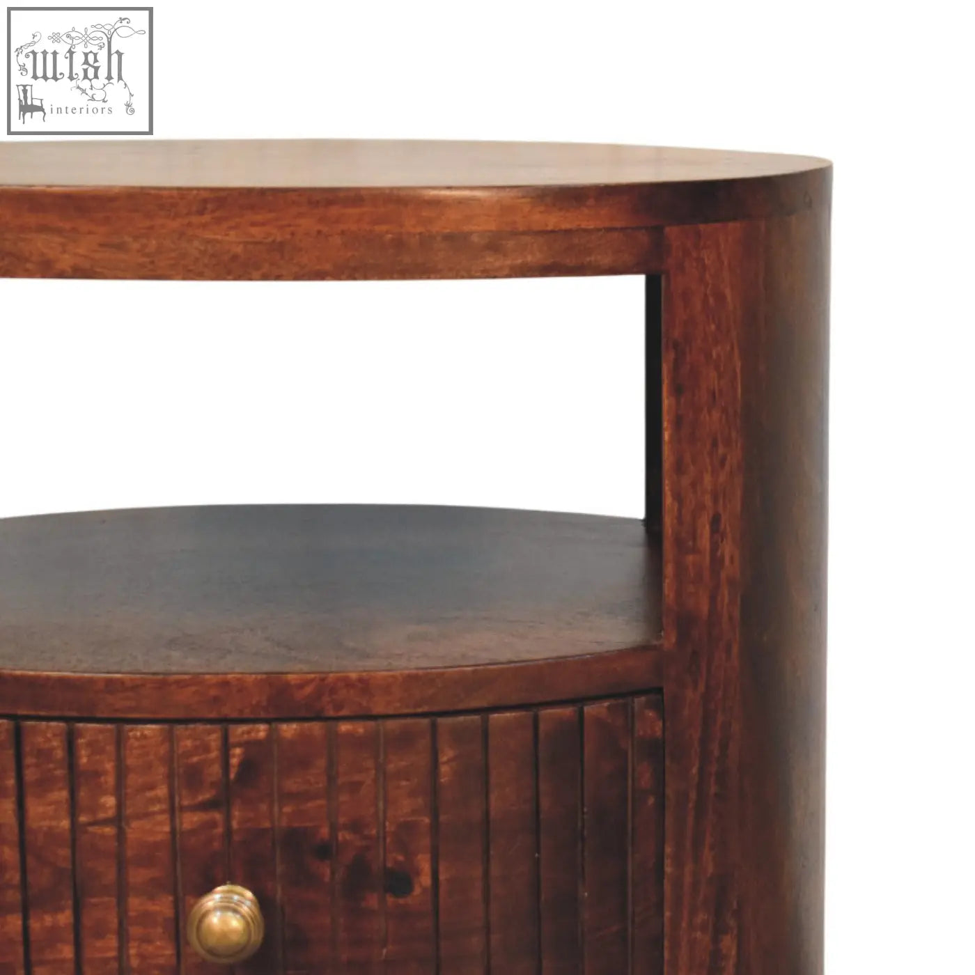 Dark brown bordeaux bedside table with curved top and brass knob made from natural mango wood