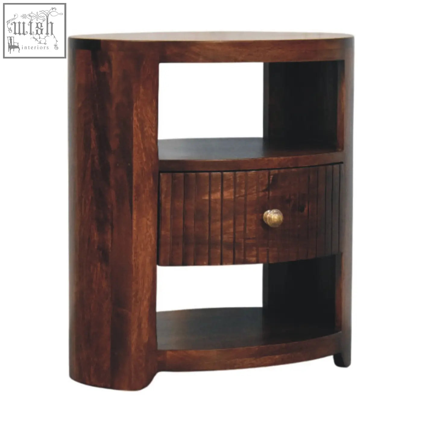 Dark brown bordeaux bedside table made of natural mango wood with curved design and slatted drawer with brass knob