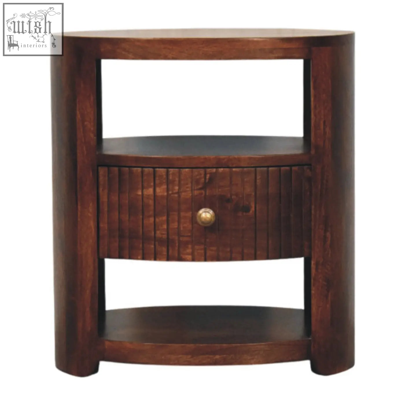 Dark brown bordeaux bedside table made of natural mango wood with curved frame and slatted drawer with brass knob