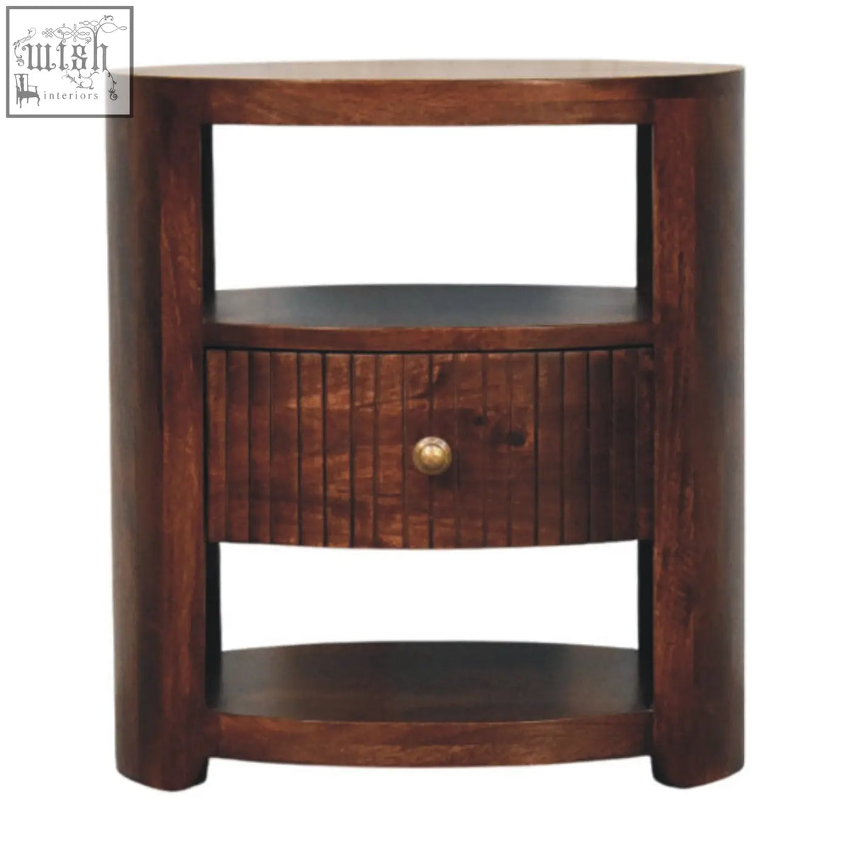 Dark brown bordeaux bedside table made of natural mango wood with curved frame and slatted drawer with brass knob