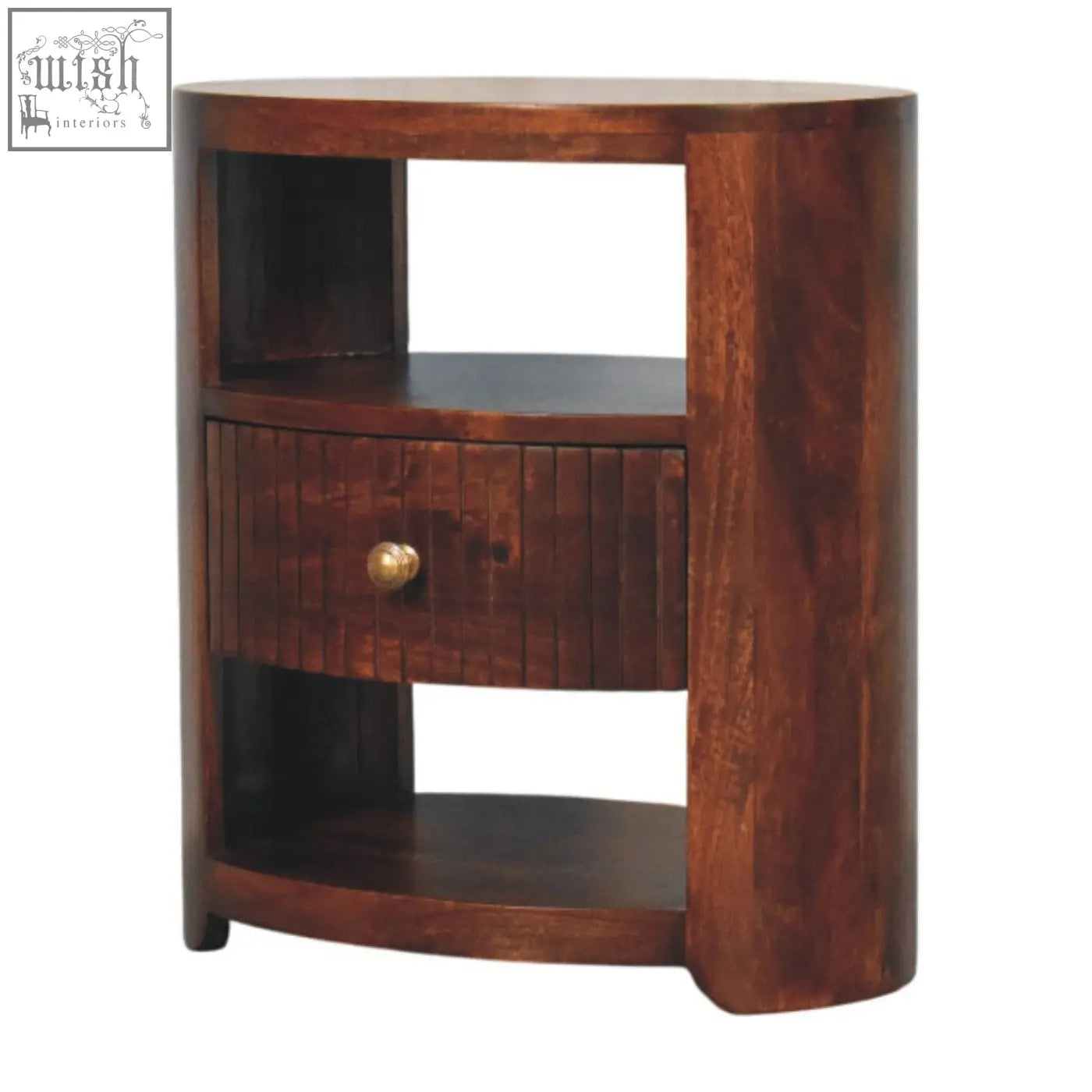 Dark brown bordeaux bedside table with curved design made of natural mango wood featuring drawer and open shelves