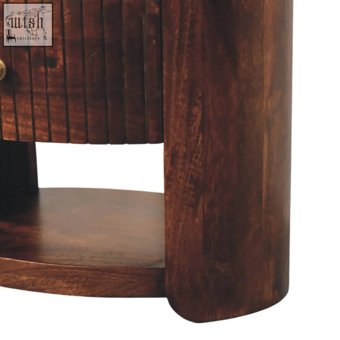 Dark brown bordeaux bedside table made of natural mango wood with vertical slats and a curved base