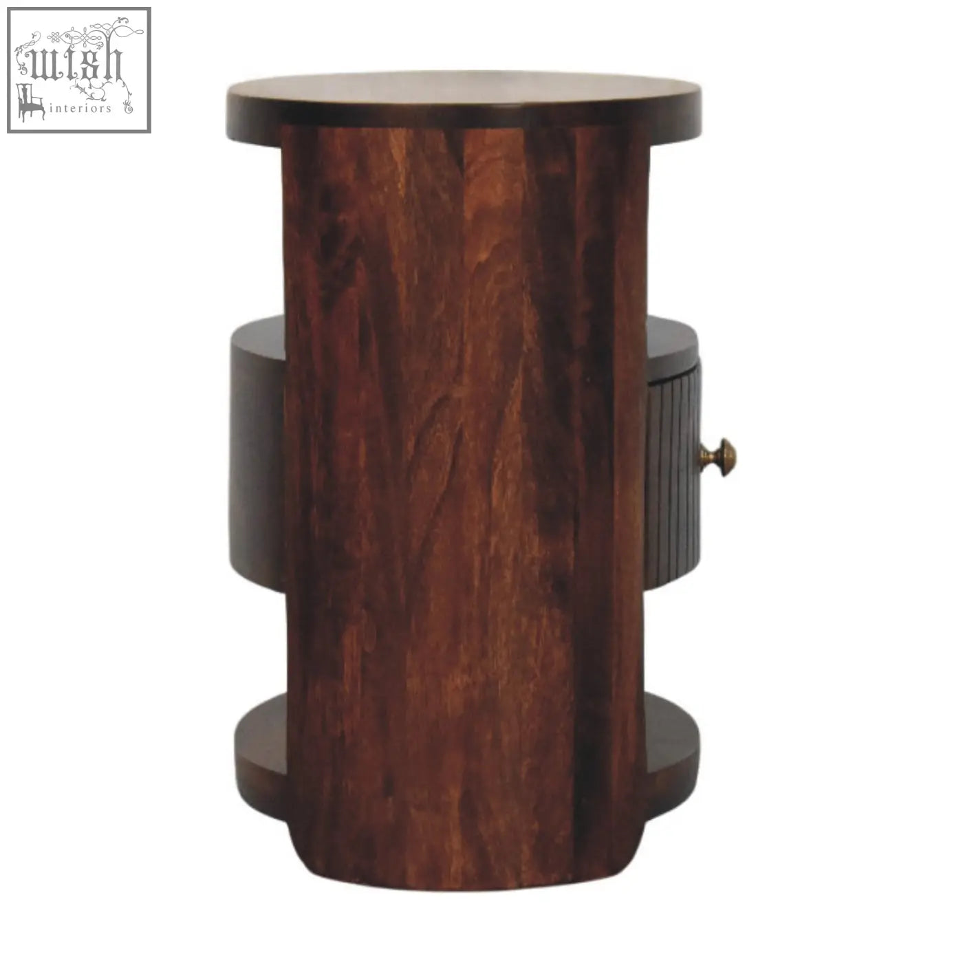 Dark wood bordeaux bedside table with vertical grooves drawer and brass knob made from natural mango wood