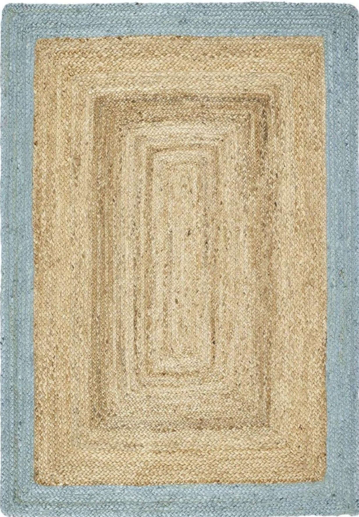 Rectangular woven jute rug with concentric rectangular borders in natural beige and duck egg blue colors