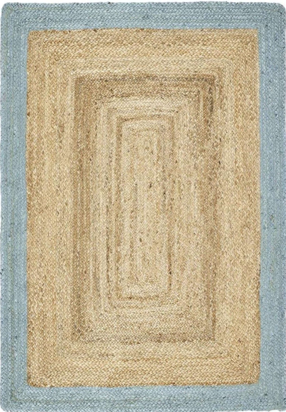 Rectangular woven jute rug with concentric rectangular borders in natural beige and duck egg blue colors