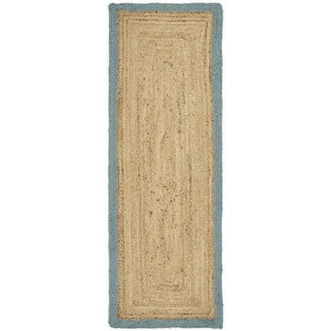 A rectangular handwoven jute runner rug with a natural beige center and a duck egg blue border